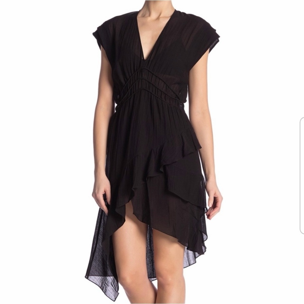 IRO Foroura Gauze Asymmetrical Hi-Lo Tiered Ruffle Mini Dress Black 40 US 8